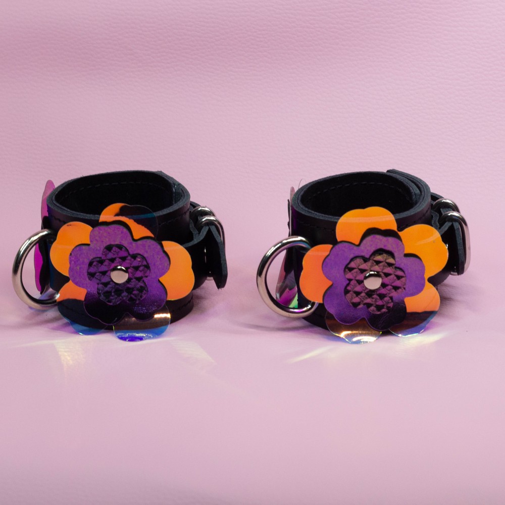 Bondage Cuffs - Black Leather lined with Suede with Flower decoration