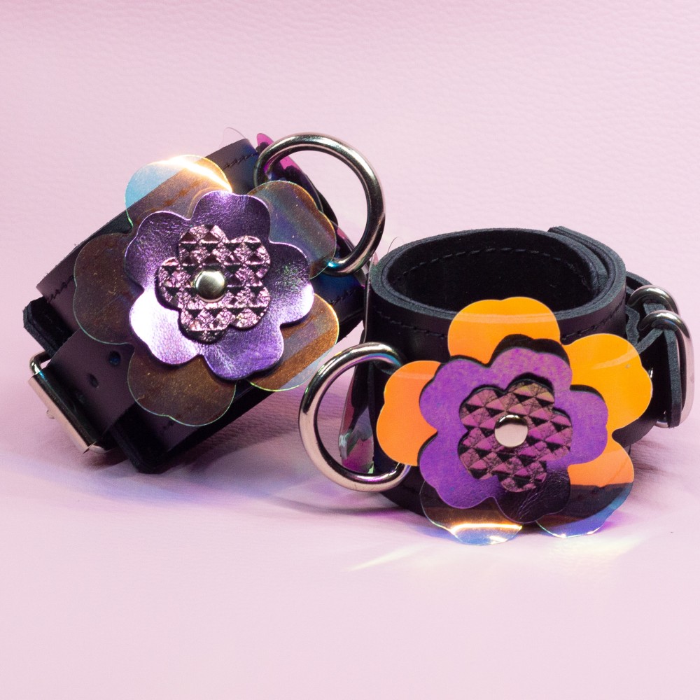 Bondage Cuffs - Black Leather lined with Suede with Flower decoration