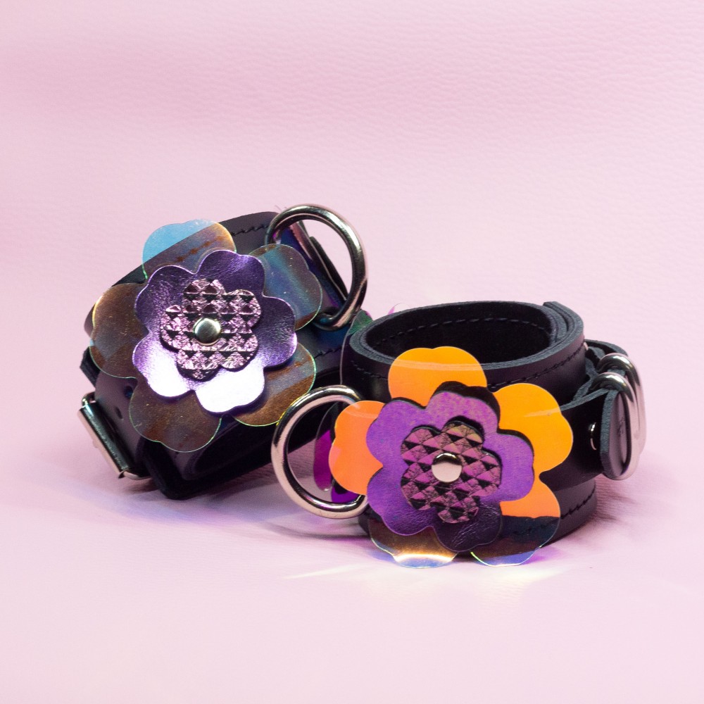 Bondage Cuffs - Black Leather lined with Suede with Flower decoration