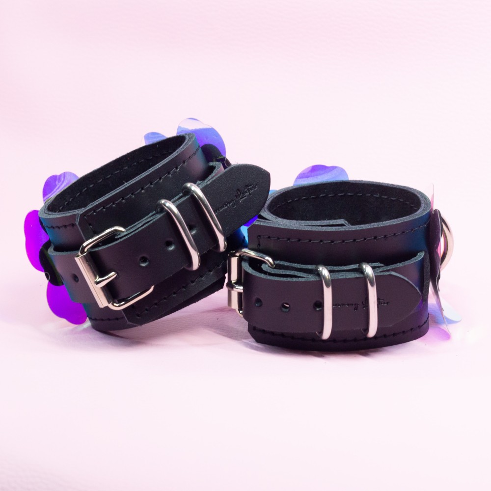 Bondage Cuffs - Black Leather lined with Suede with Flower decoration