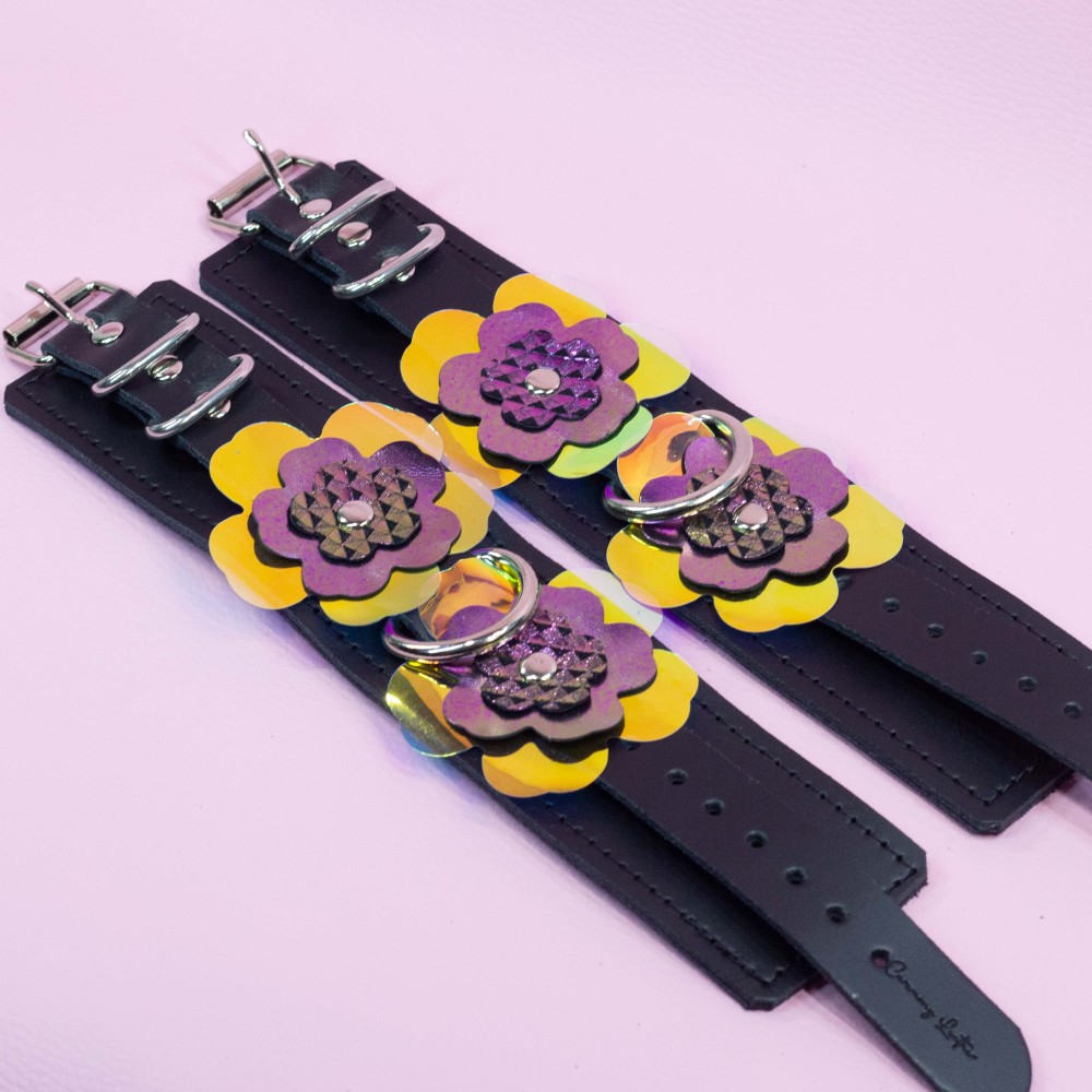 Bondage Cuffs - Black Leather lined with Suede with Flower decoration