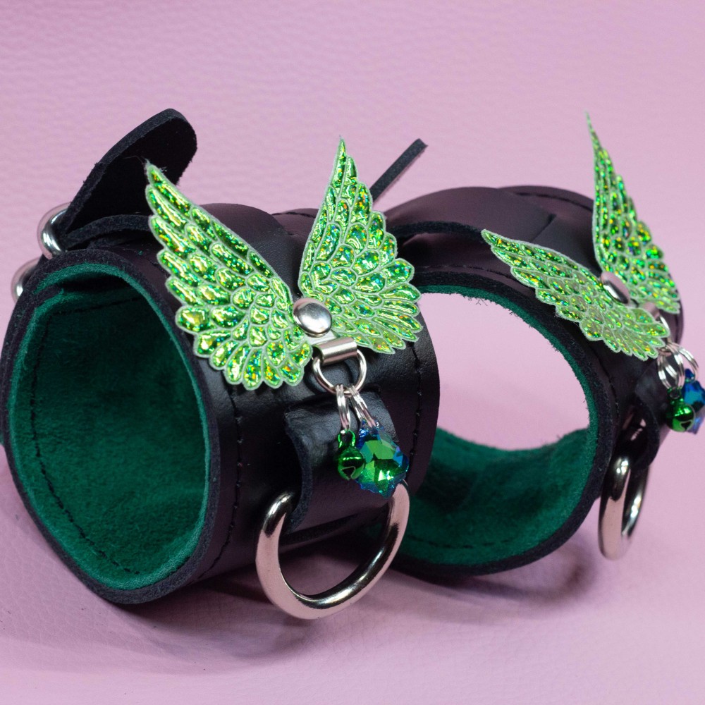 Bondage Cuffs - Black Leather lined with Green Suede with Green Angel Wing decoration