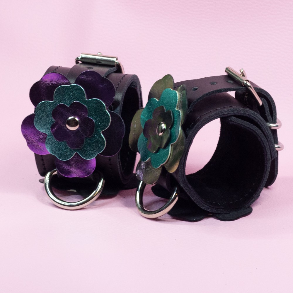 Bondage Cuffs - Black Leather lined with Suede with Purple & Teal Flowers