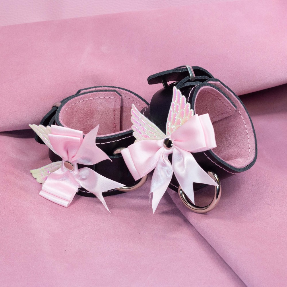 Bondage Cuffs - Black Leather lined with Pretty Baby Pink Suede with Pink Bow and Angel Wings