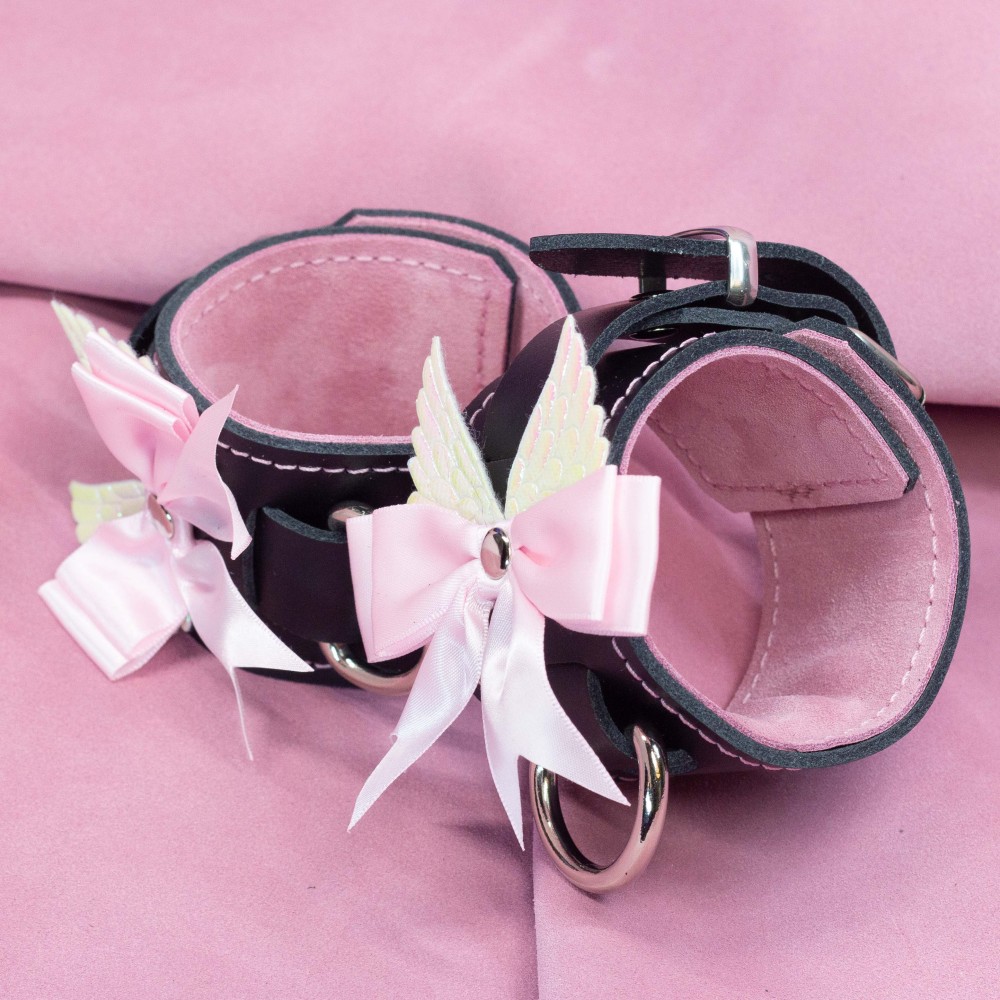 Bondage Cuffs - Black Leather lined with Pretty Baby Pink Suede with Pink Bow and Angel Wings