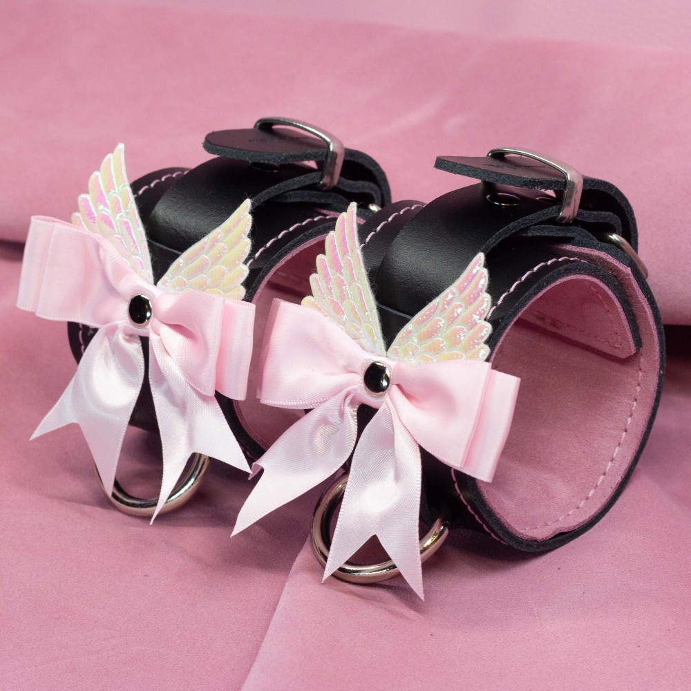 Bondage Cuffs - Black Leather lined with Pretty Baby Pink Suede with Pink Bow and Angel Wings