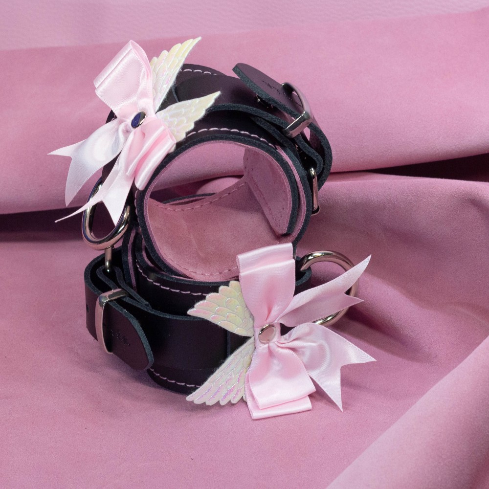 Bondage Cuffs - Black Leather lined with Pretty Baby Pink Suede with Pink Bow and Angel Wings