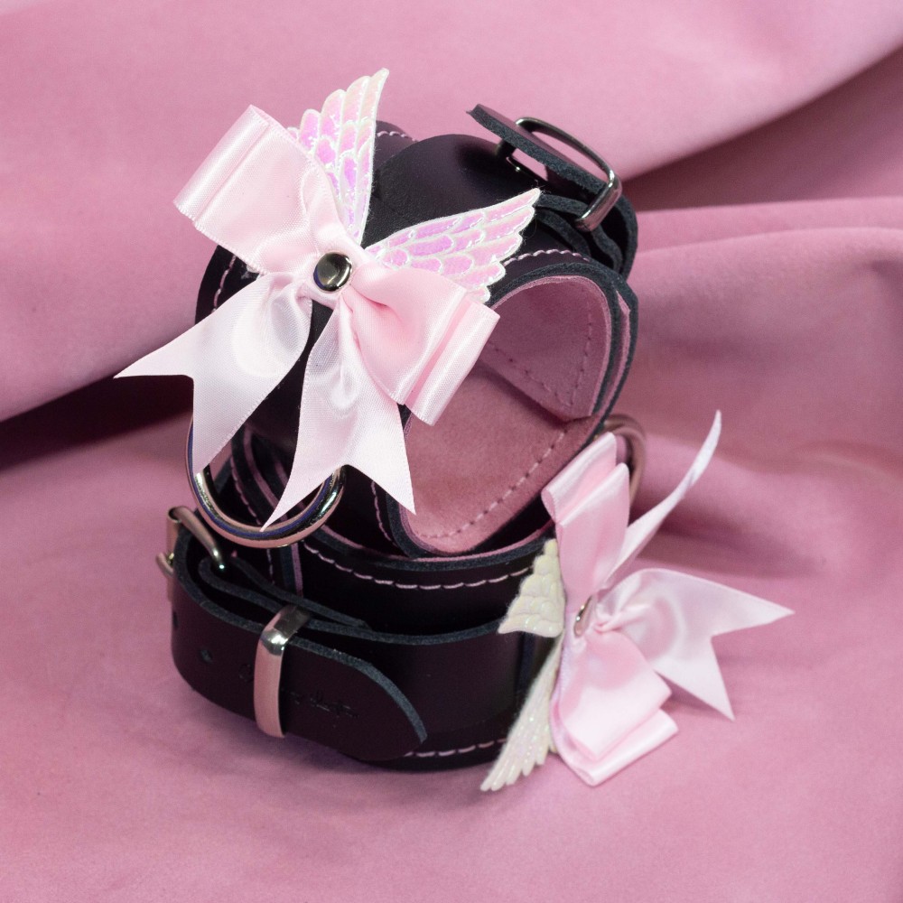 Bondage Cuffs - Black Leather lined with Pretty Baby Pink Suede with Pink Bow and Angel Wings