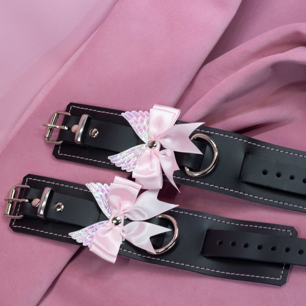 Bondage Cuffs - Black Leather lined with Pretty Baby Pink Suede with Pink Bow and Angel Wings