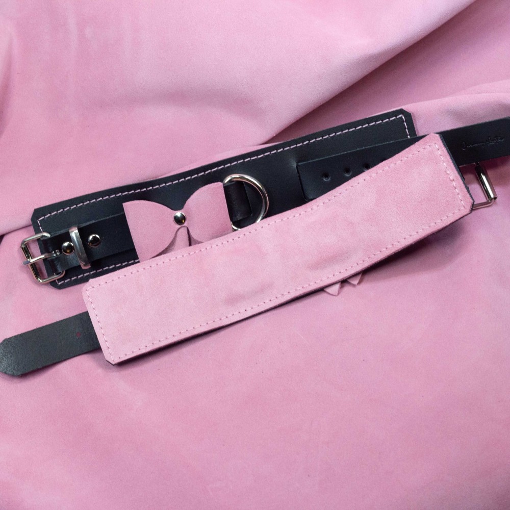 Bondage Cuffs - Black Leather lined with Pretty Baby Pink Suede with Pink Bows