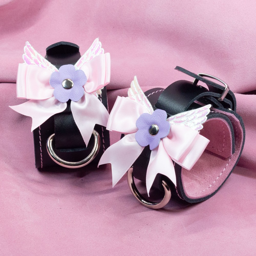 Bondage Cuffs - Black Leather lined with Pretty Baby Pink Suede with Pink Bow and Angel Wings