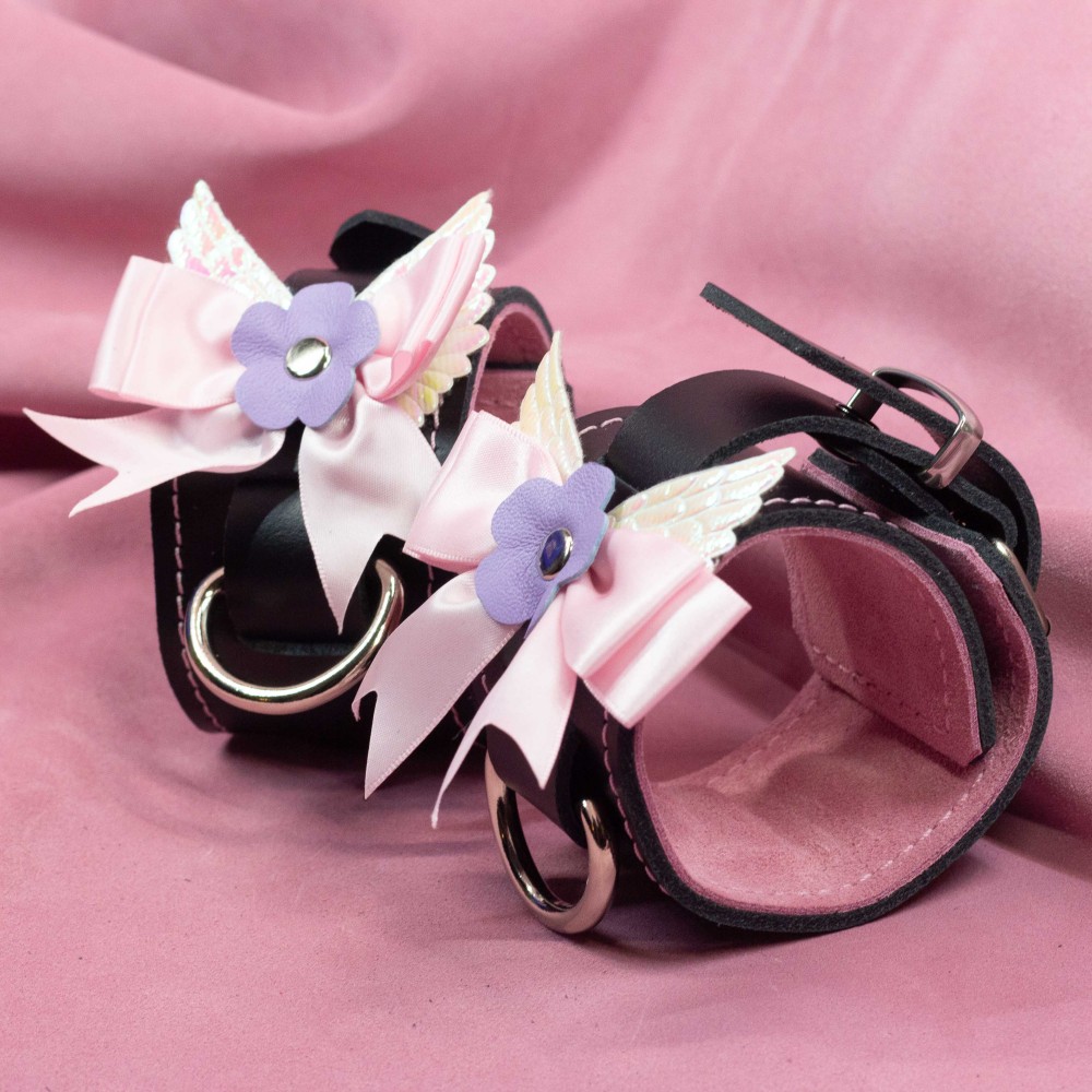 Bondage Cuffs - Black Leather lined with Pretty Baby Pink Suede with Pink Bow and Angel Wings