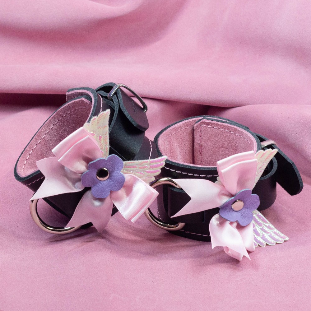 Bondage Cuffs - Black Leather lined with Pretty Baby Pink Suede with Pink Bow and Angel Wings