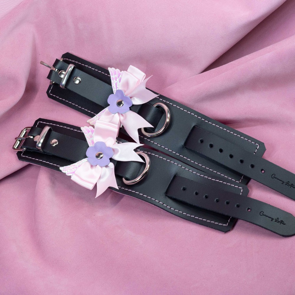 Bondage Cuffs - Black Leather lined with Pretty Baby Pink Suede with Pink Bow and Angel Wings