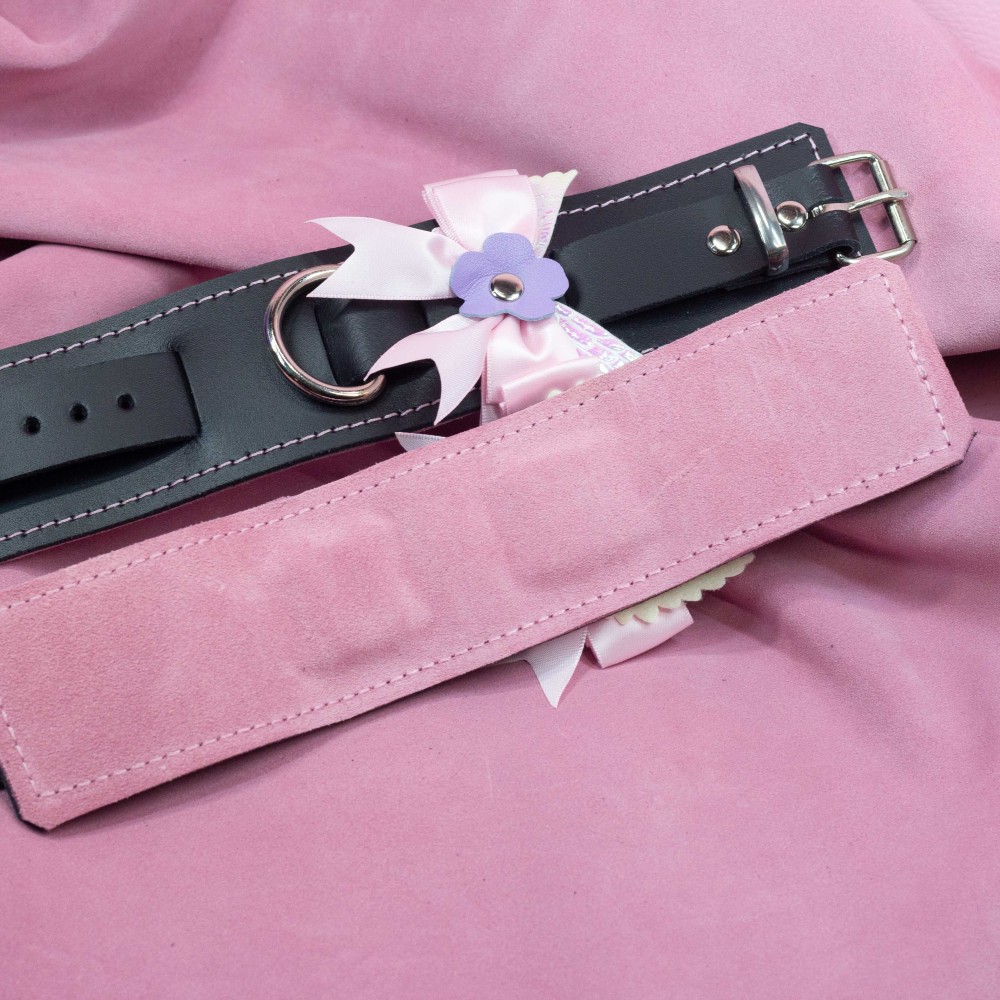 Bondage Cuffs - Black Leather lined with Pretty Baby Pink Suede with Pink Bow and Angel Wings