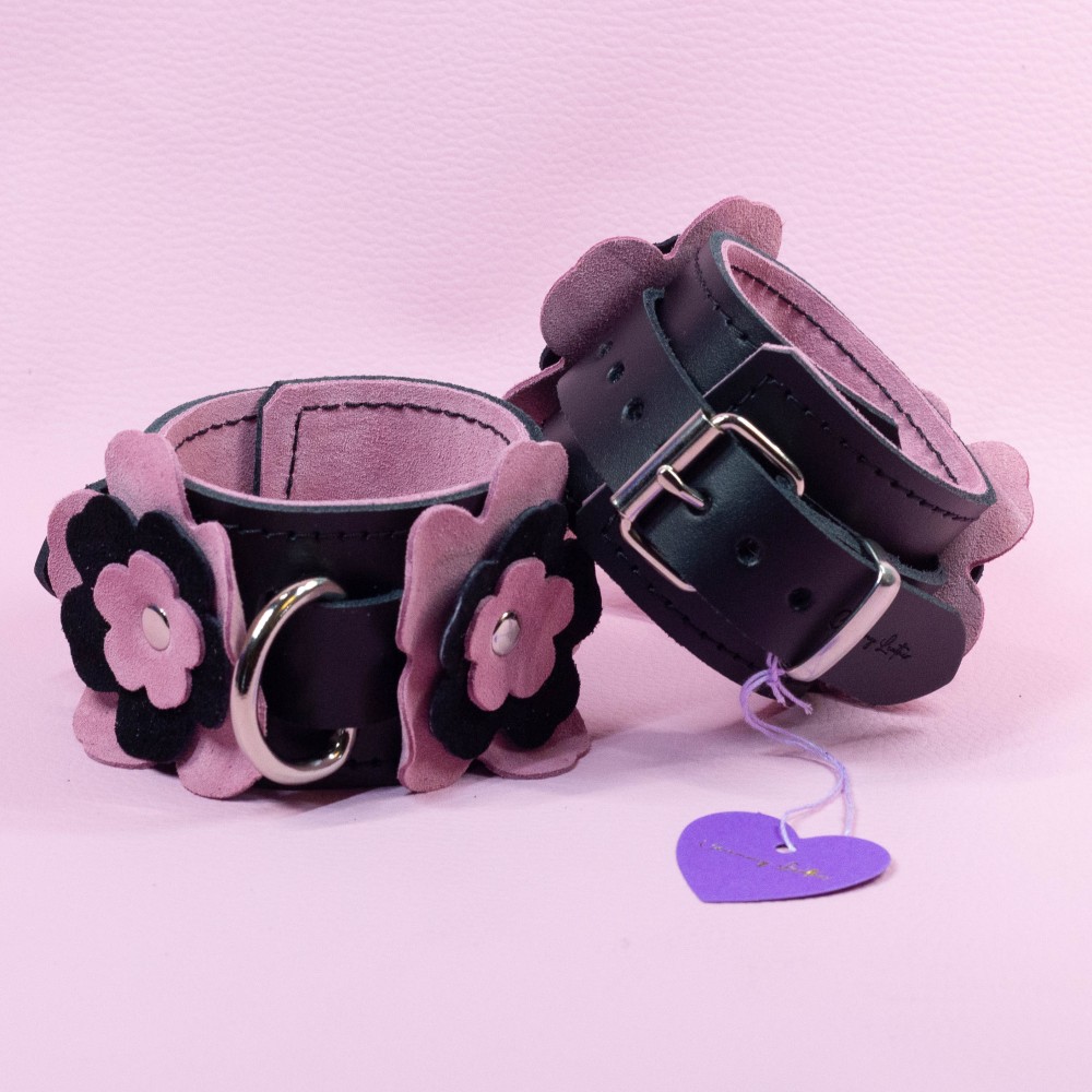 Leather Wrist Cuffs with Suede Flowers