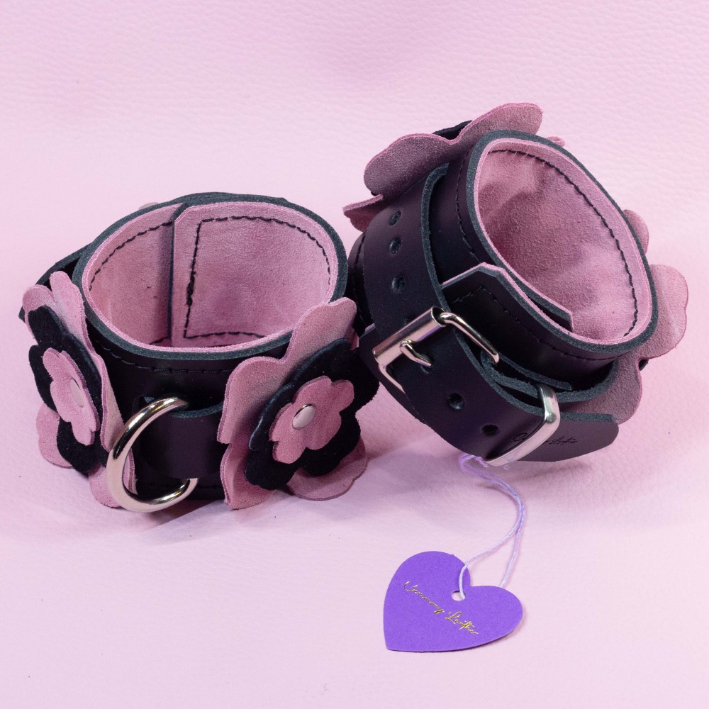 Leather Wrist Cuffs with Suede Flowers