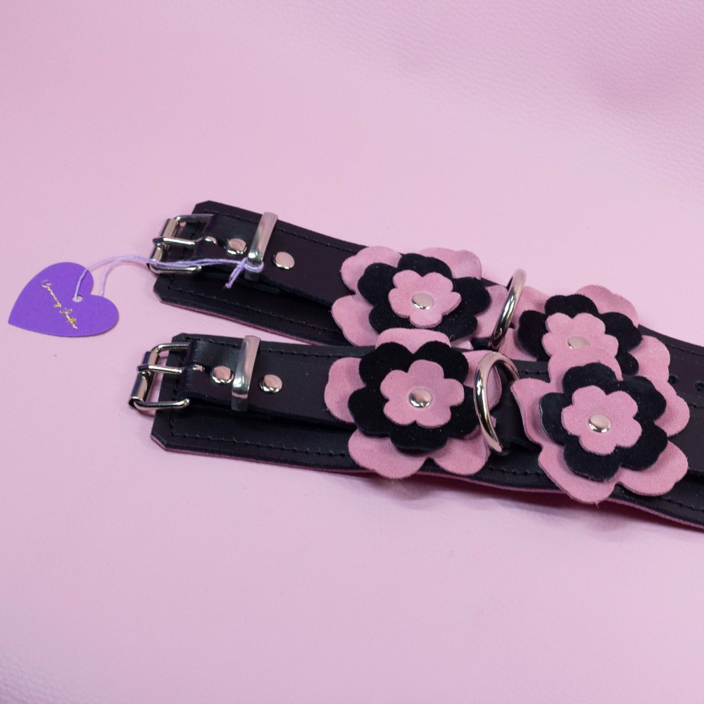 Leather Wrist Cuffs with Suede Flowers