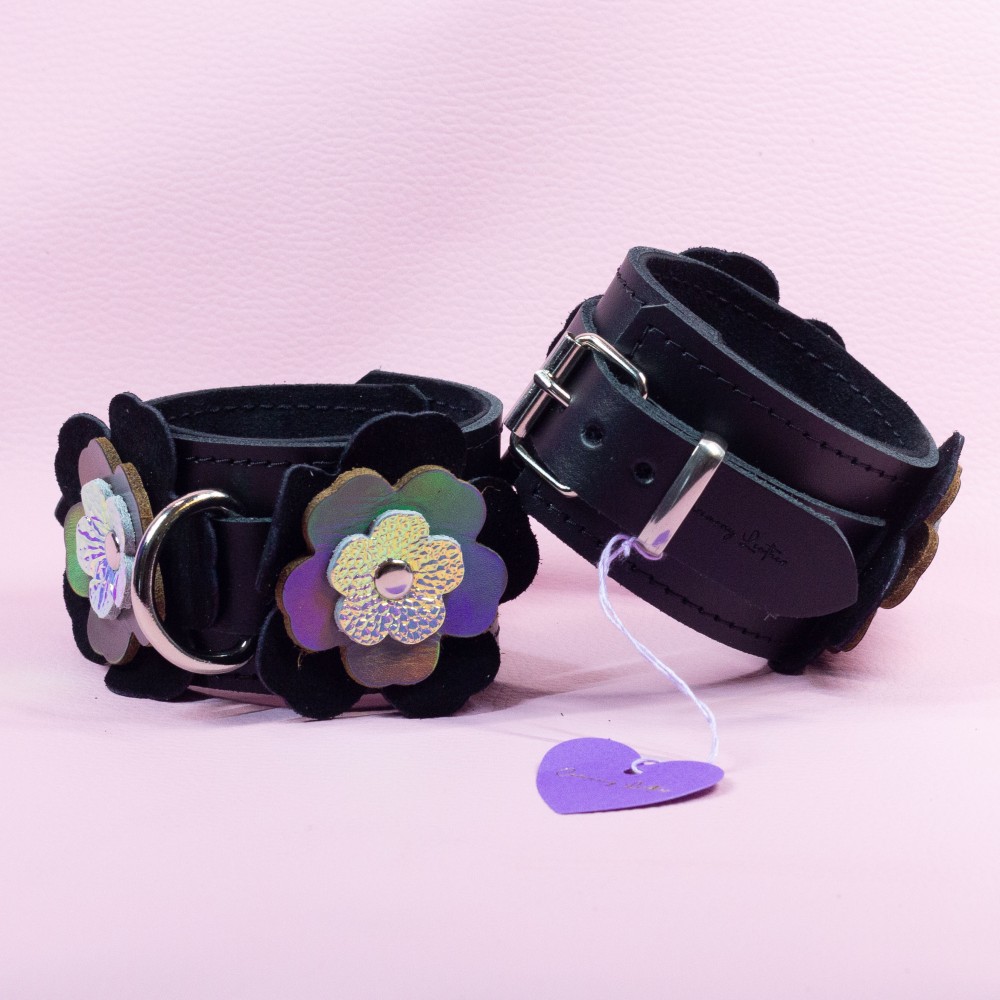 Leather Wrist Cuffs with Holo and Suede Flowers