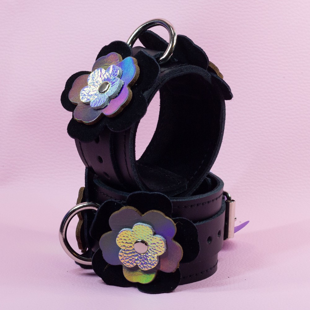 Leather Wrist Cuffs with Holo and Suede Flowers