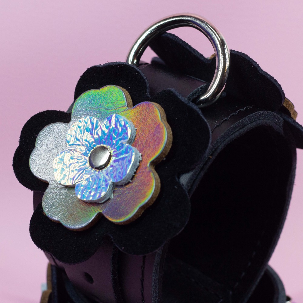 Leather Wrist Cuffs with Holo and Suede Flowers