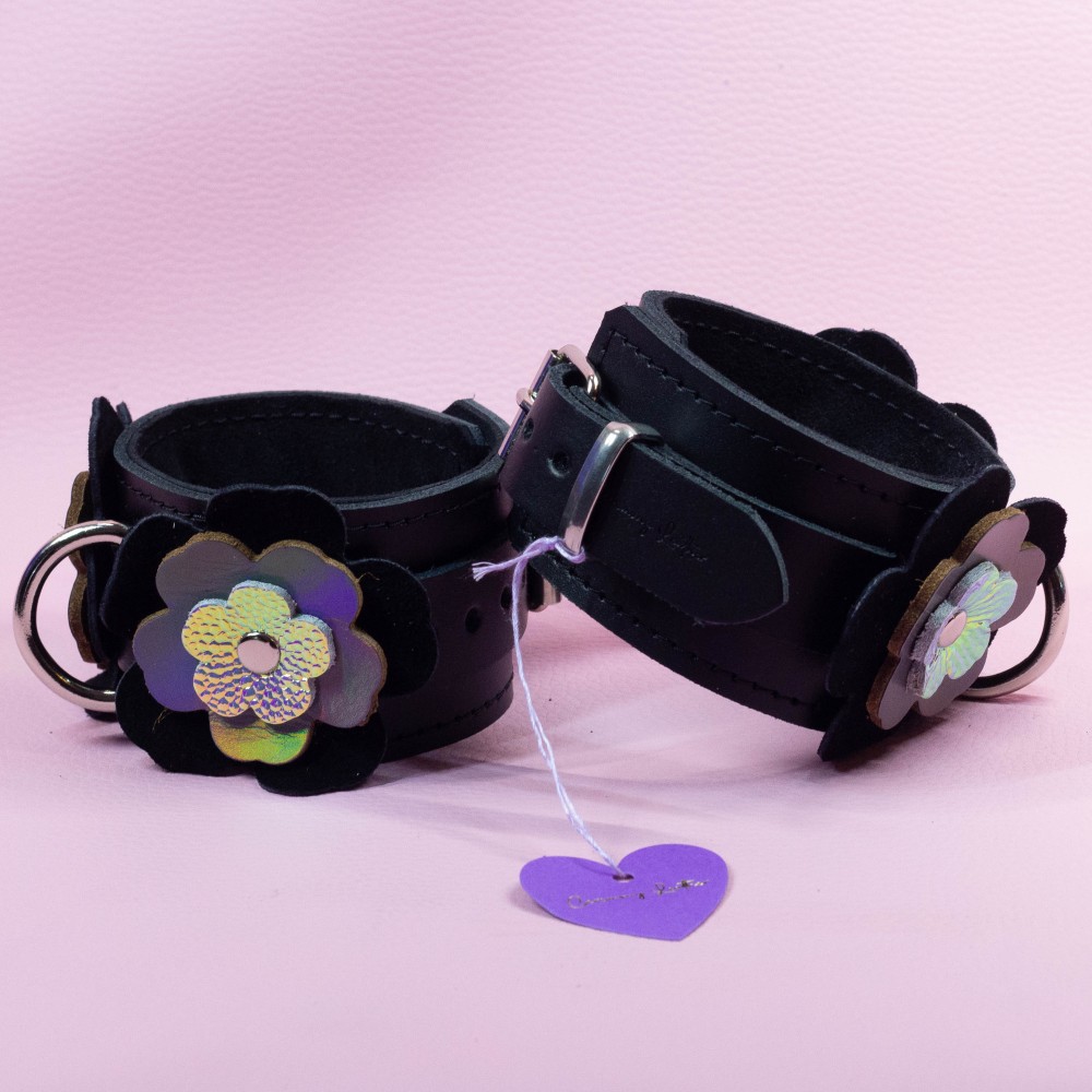 Leather Wrist Cuffs with Holo and Suede Flowers