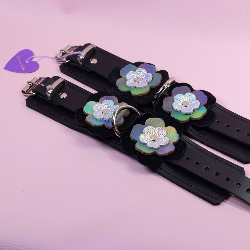 Leather Wrist Cuffs with Holo and Suede Flowers