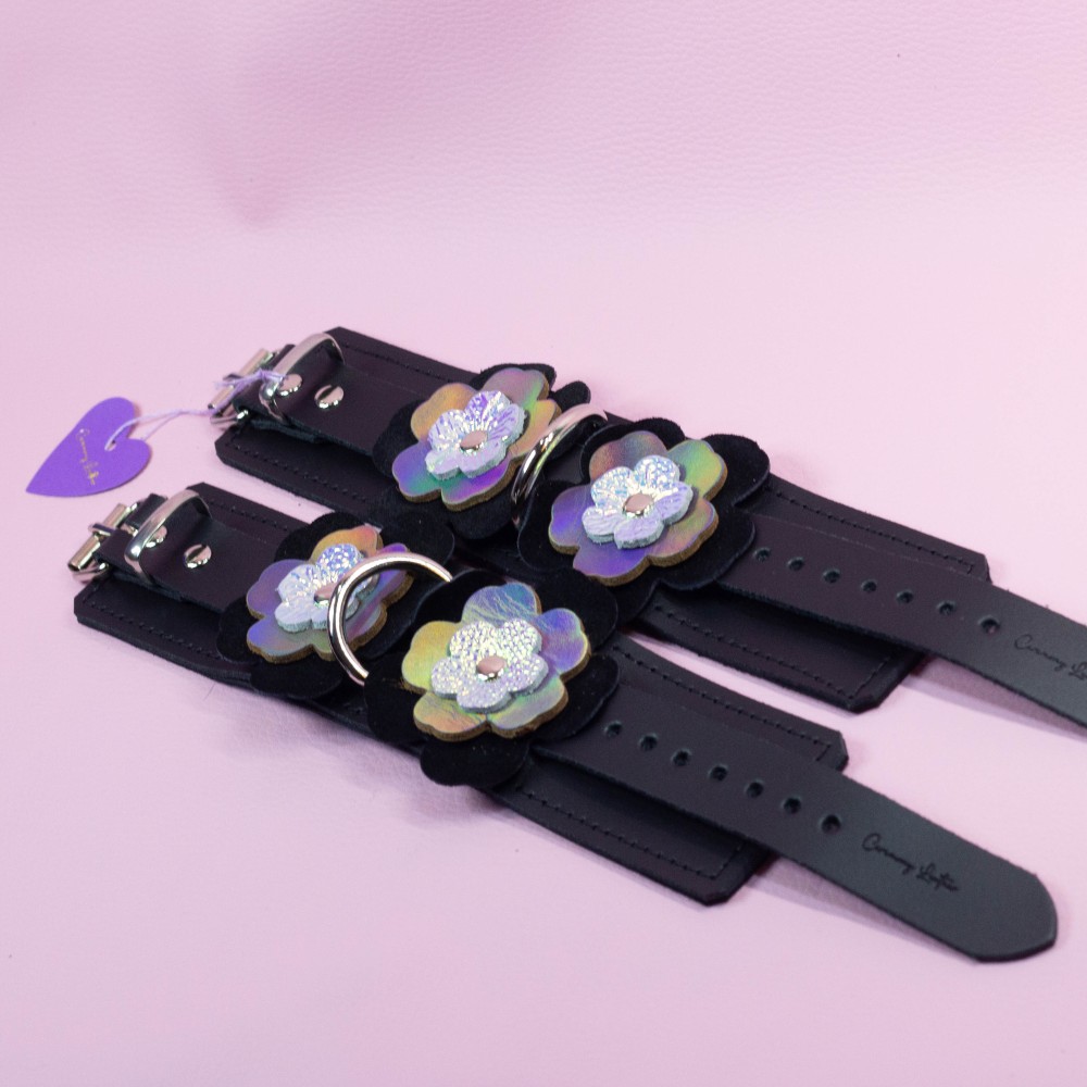 Leather Wrist Cuffs with Holo and Suede Flowers