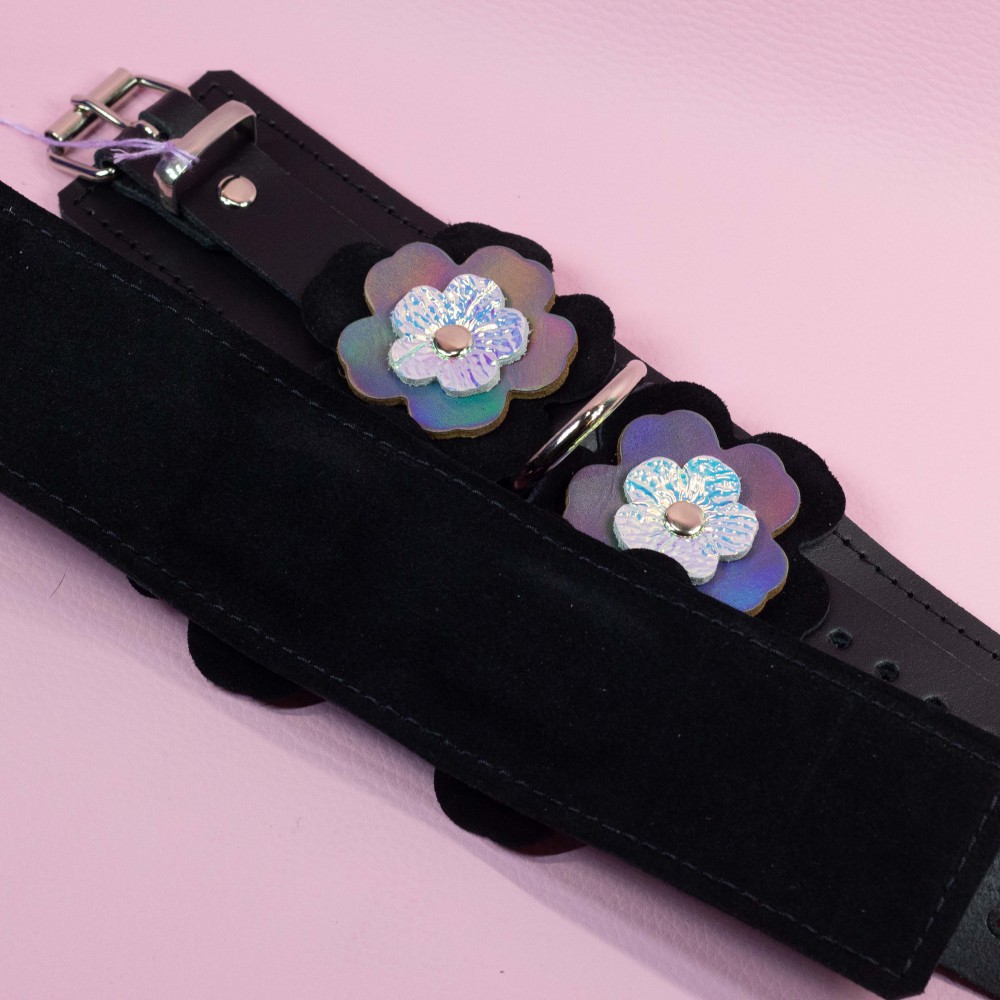 Leather Wrist Cuffs with Holo and Suede Flowers