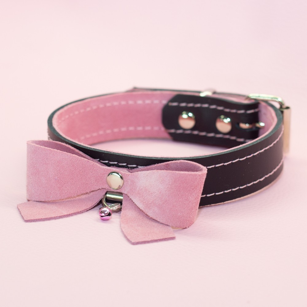 Black Leather collar Lined with Pink suede