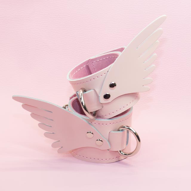 Nude Pink leather Wrist cuffs with Angel Wings