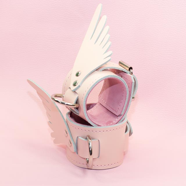 Nude Pink leather Wrist cuffs with Angel Wings