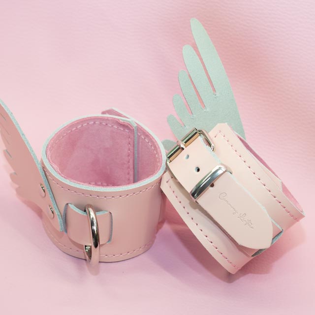 Nude Pink leather Wrist cuffs with Angel Wings