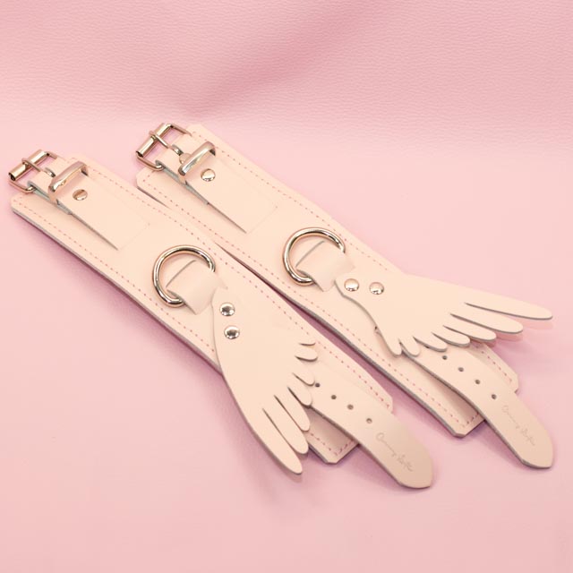 Nude Pink leather Wrist cuffs with Angel Wings