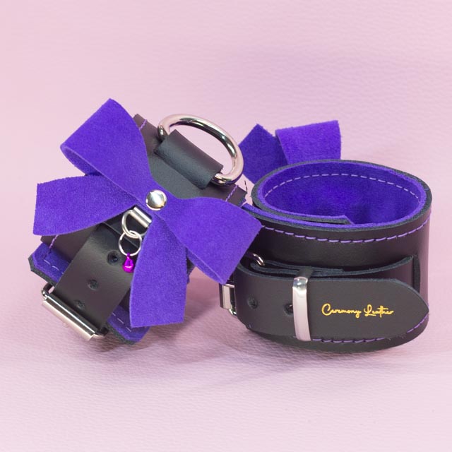 Leather Wrist Cuffs with Violet Suede Bows