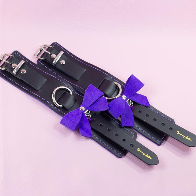 Leather Wrist Cuffs with Violet Suede Bows