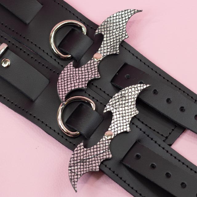 Leather Wrist Cuffs with Silver Dragon wings and Black Suede Lining