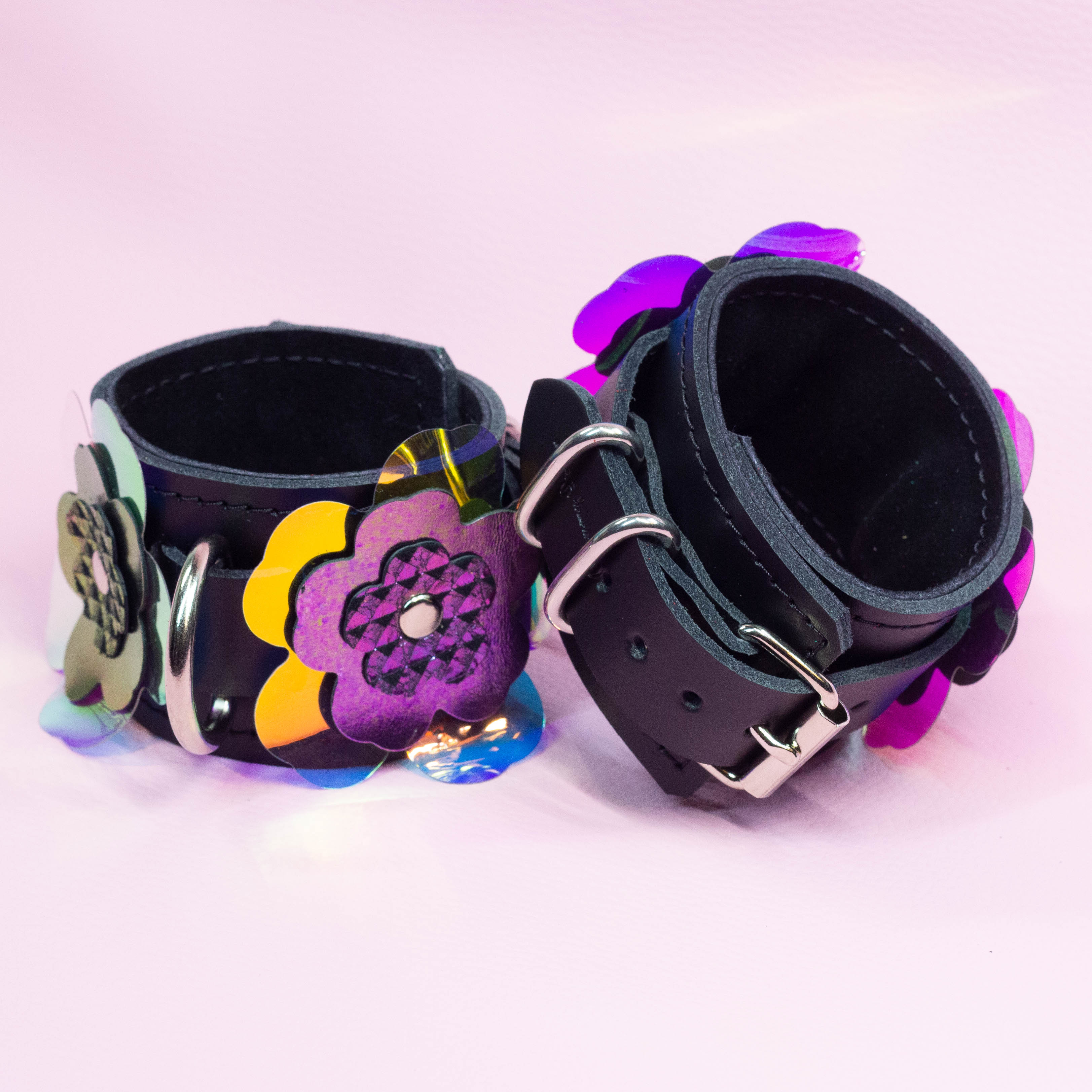 Bondage Cuffs - Black Leather lined with Suede with Flower decoration