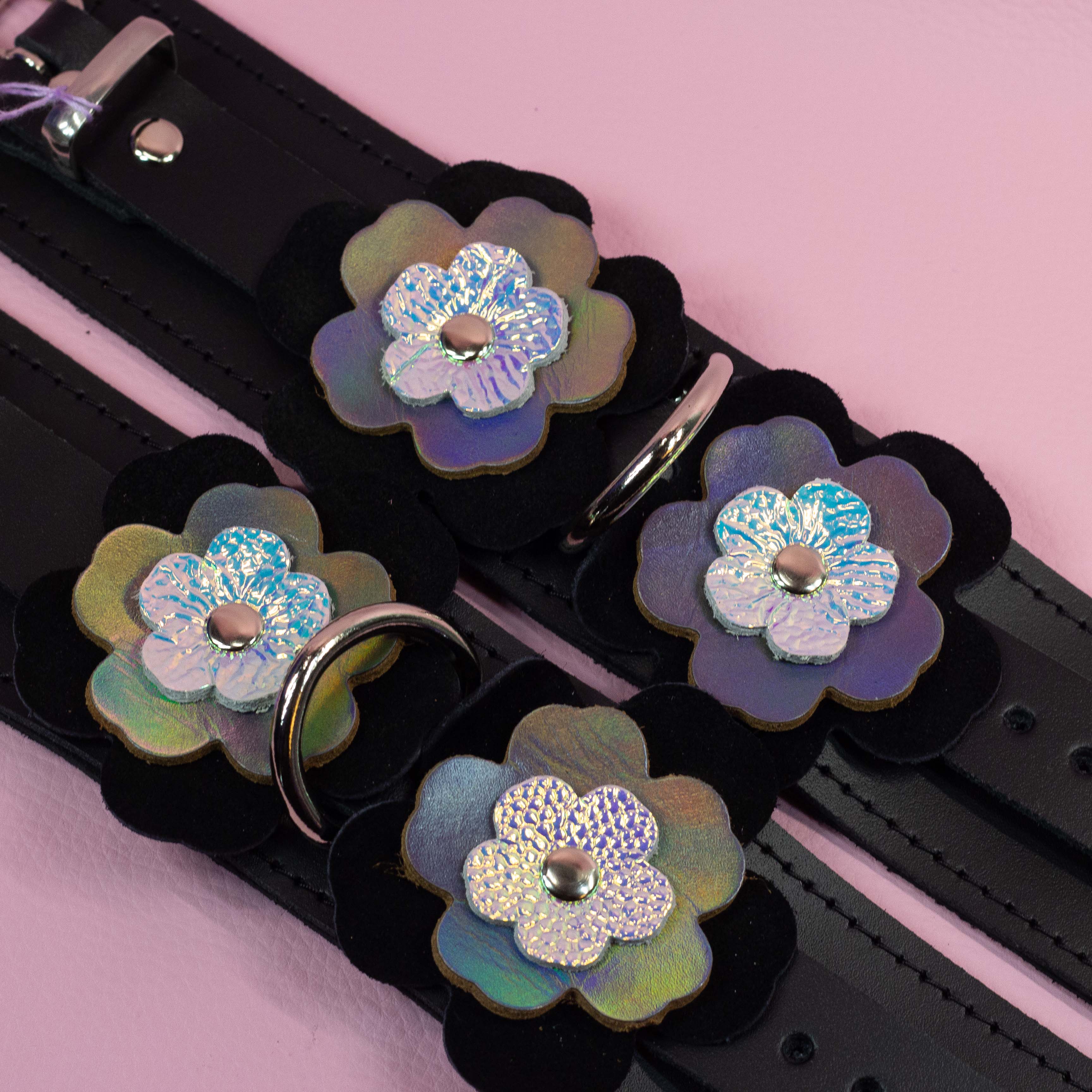 Leather Wrist Cuffs with Holo and Suede Flowers