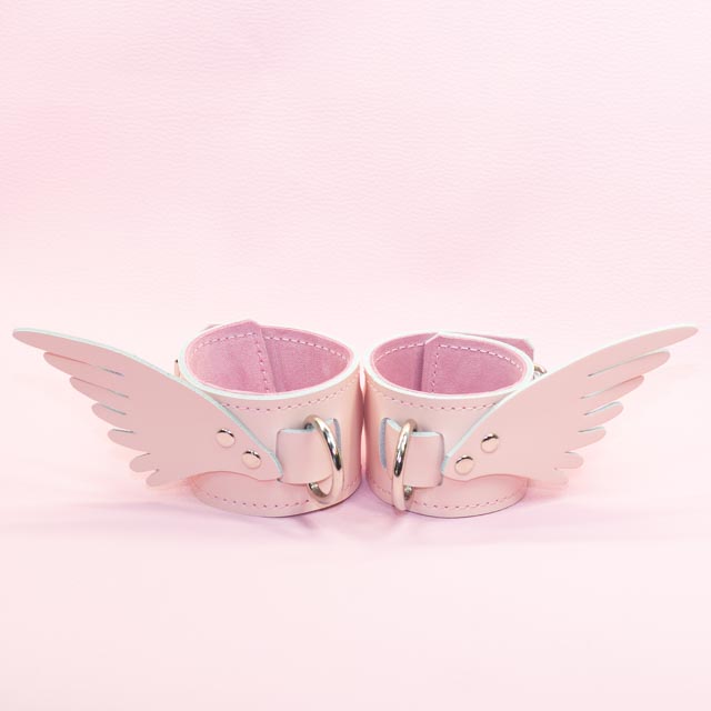 Nude Pink leather Wrist cuffs with Angel Wings