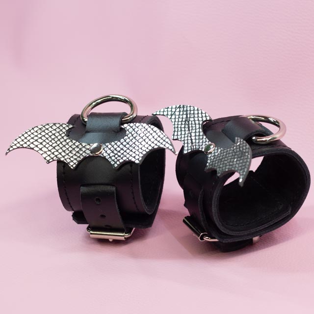 Leather Wrist Cuffs with Silver Dragon wings and Black Suede Lining